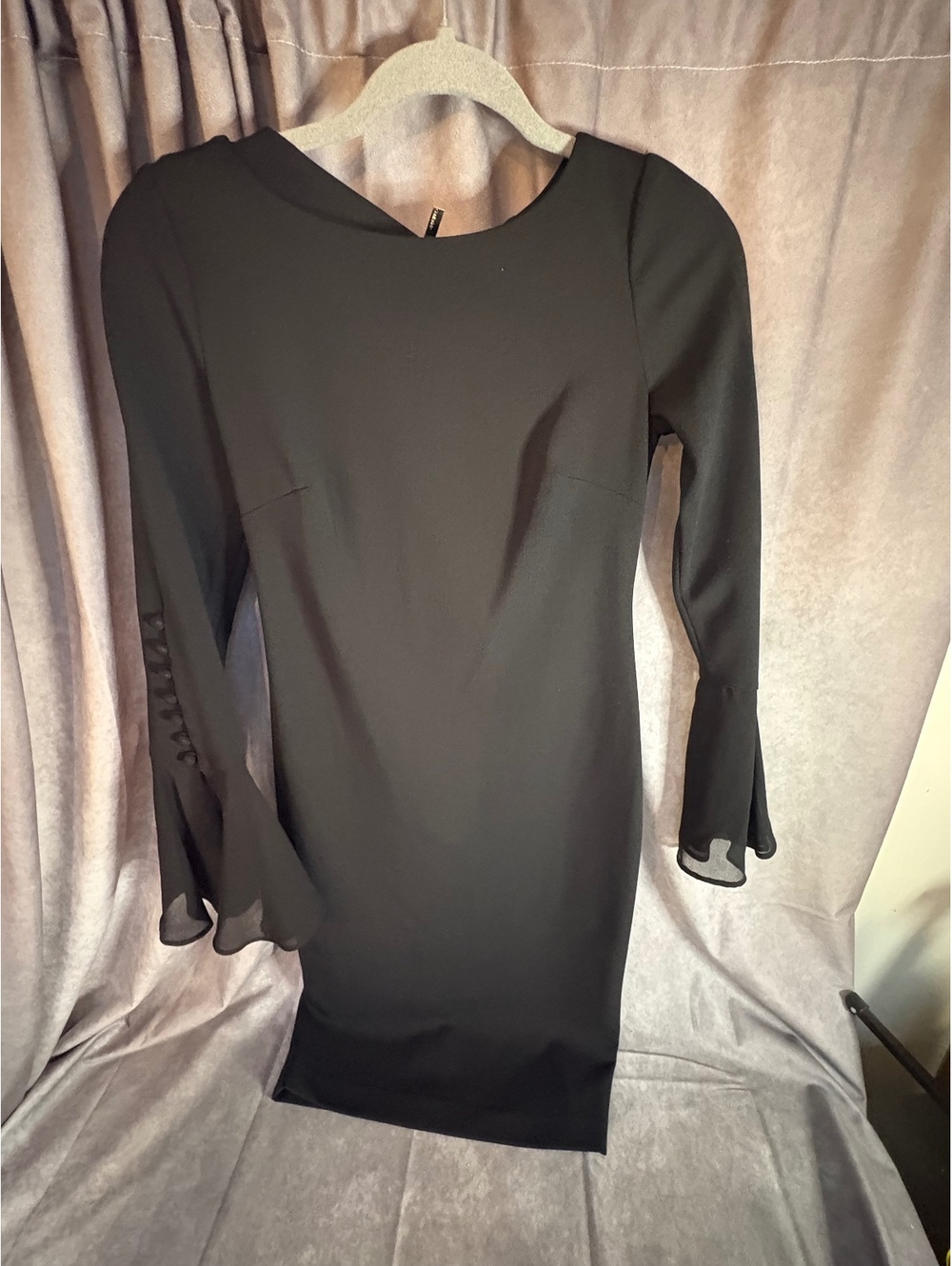 Calvin Klein Black Sheath Dress Size 2 Bell Sleeve Gold Back Zip
